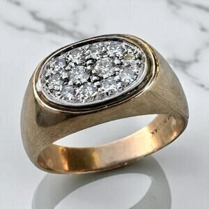 Vintage 14K Gold Diamond Signet Ring Cluster Men’s Biker Signed Sevan Size 10.5